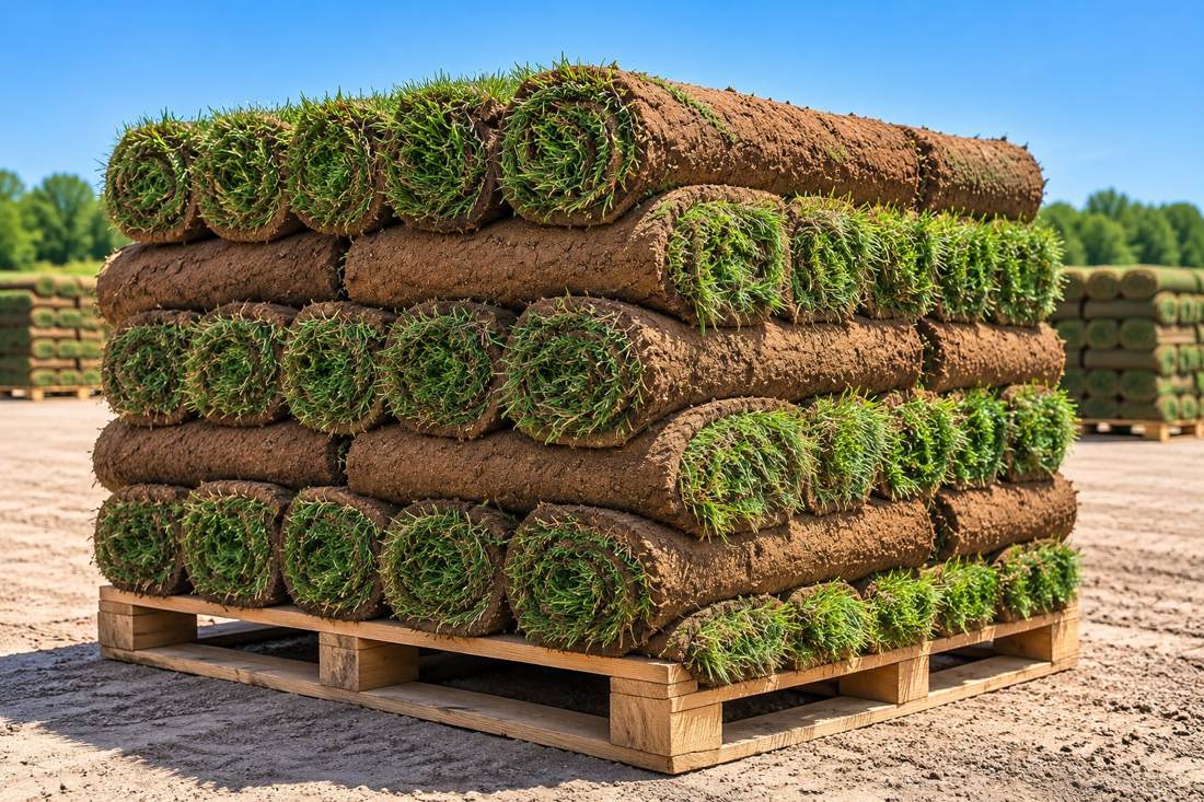 Rolls of fresh sod stacked on a wooden pallet